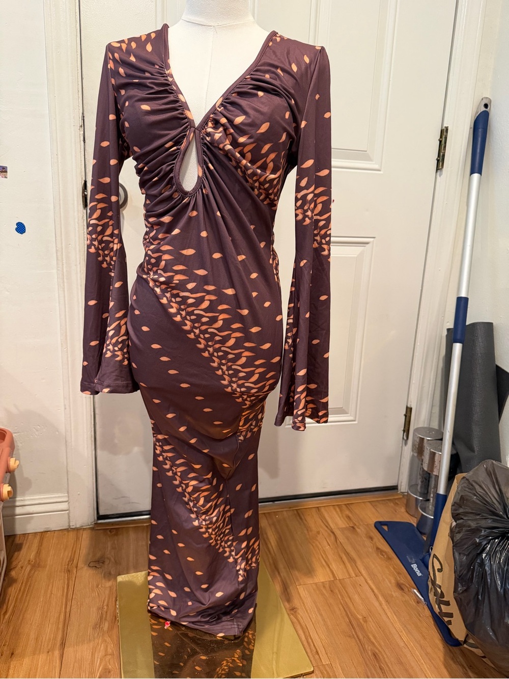 SHEIN Brown Maxi Dress with Peach Leaf Print